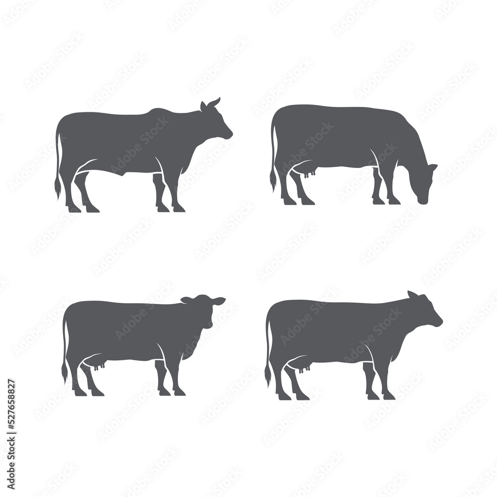 Cow or cattle Silhouette icon pack. Set of Vector silhouette of cow. Farm logo design pack. cattle icon. Black angus logo design template. Animal pictogram. Vector illustration Cow or cattle Silhouette icon pack. Set of Vector silhouette of cow. Farm logo design pack. cattle icon. Black angus logo design template. Animal pictogram. Vector illustration