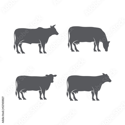 Cow or cattle Silhouette icon pack. Set of Vector silhouette of cow. Farm logo design pack. cattle icon. Black angus logo design template. Animal pictogram. Vector illustration