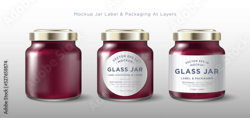 Glass jar mock up with golden lid and label examples. Packaging for marmalade, confiture, jam, sweet canned food template. Mock up of a glass jar with a label.