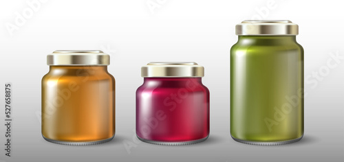 Set of mockup of glass jars with a golden lids. Packaging for marmalade, confiture, jam, sweet canned food template. Mockup of a glass jar with a label.