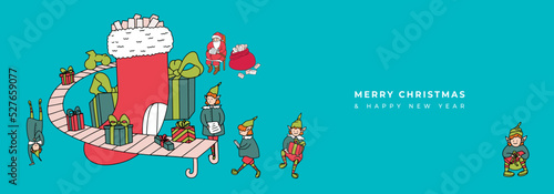 Merry Christmas banner with Santa's workshop, elves, gifts factory, Christmas sock, Santa Claus reads letters on turquoise background