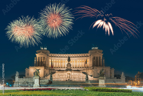 Rome Capital of italy vittorio emanuel with fireworks and evening lights photo