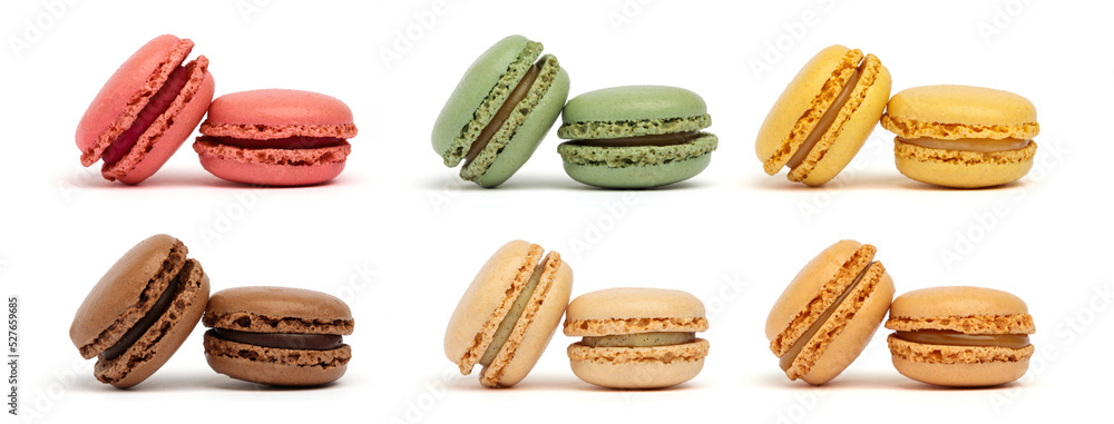 Set of six different colorful french macarons on an isolated white background. Clipping Path. Full depth of field Set of six different colorful french macarons on an isolated white background. Clipping Path. Full depth of field