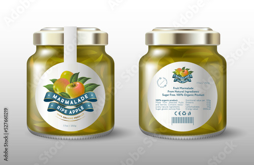 Apple marmalade. Ripe apple and silk ribbons. White round label for sweet preservation. Mock up of a glass jar with a label.