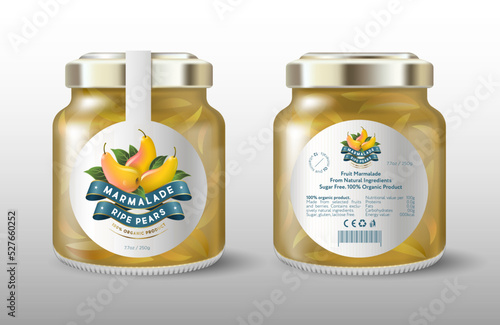 Pear marmalade. Ripe pears and silk ribbons. White round label for sweet preservation. Mock up of a glass jar with a label.