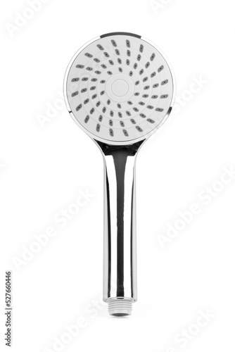 A set of sanitary taps and shower heads, closeup, isolated on white