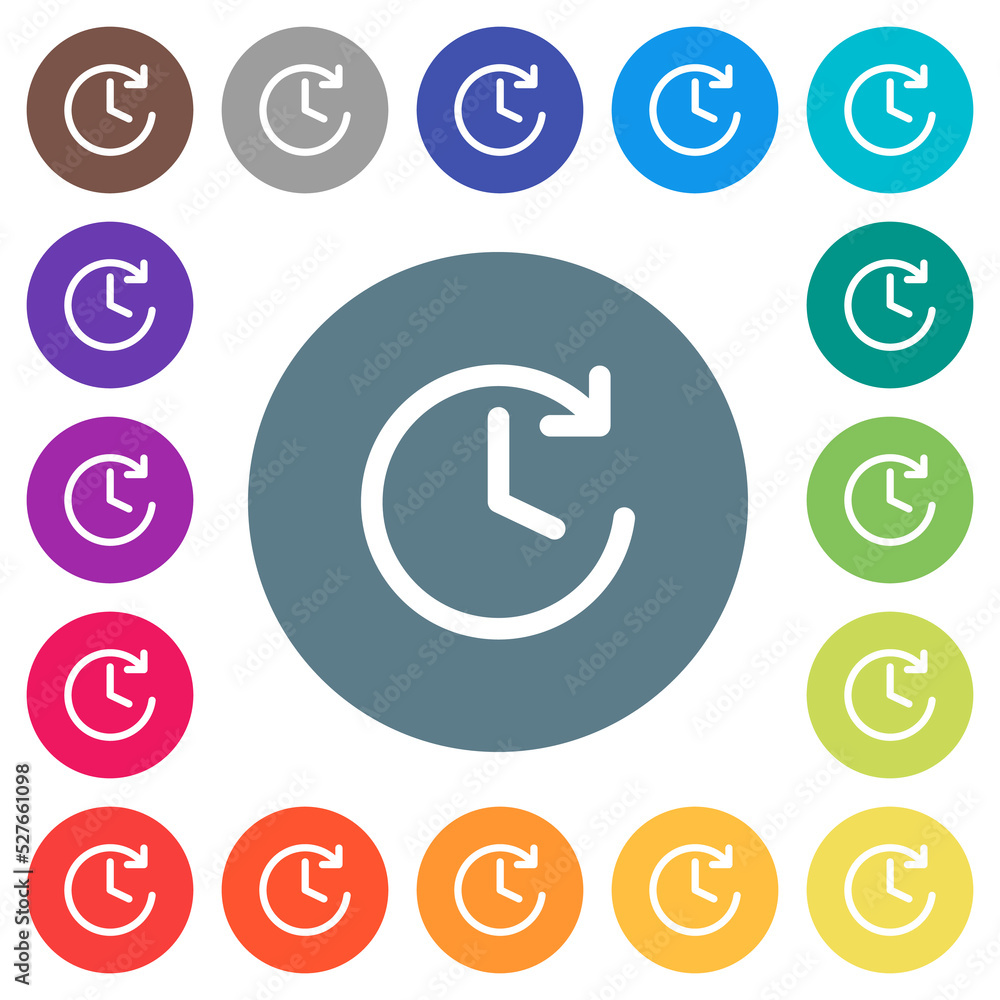 Circle shaped forward arrow and clock flat white icons on round color backgrounds Circle shaped forward arrow and clock flat white icons on round color backgrounds