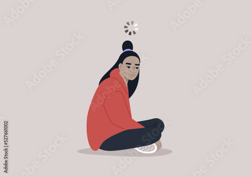 A young character spacing out with a loading circle spinning above their head