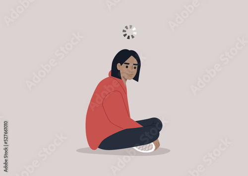 A young character spacing out with a loading circle spinning above their head