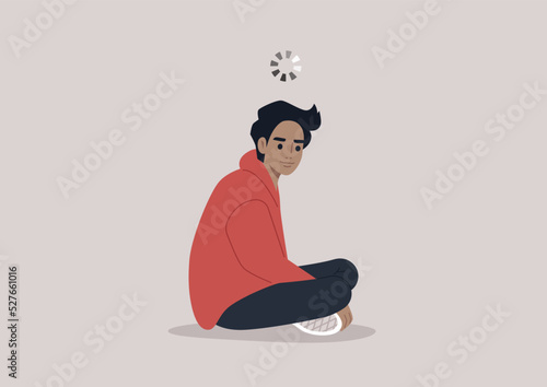 A young character spacing out with a loading circle spinning above their head
