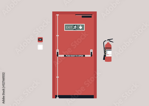 Emergency exit door, alarm button and fire extinguisher, industrial safety photo