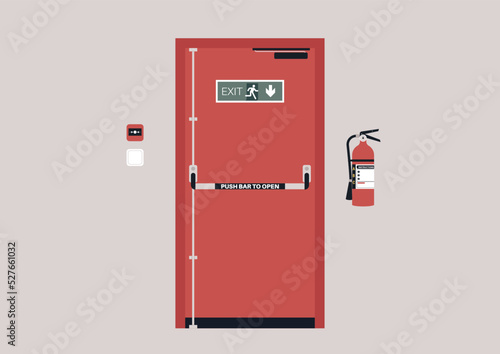 Emergency exit door, alarm button and fire extinguisher, industrial safety