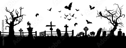 Cemetery silhouette, graveyard with tombstones and creepy trees, grave, crosses, creepy pumpkins 