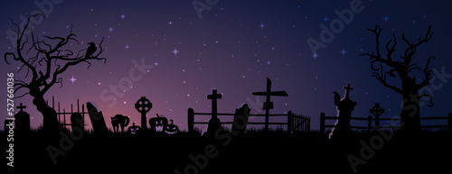  silhouette of cemetery on the background of the night starry sky, creepy pumpkins, toms and crow 