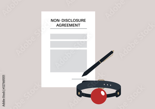 Non-disclosure agreement as a way to force employees to fall silent, a gag ball as a symbol of violent manipulation