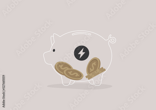 A piggy bank with an electric flash icon, covering utility expenses in home budget, european energy crisis