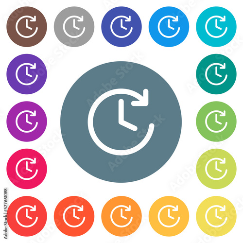 Circle shaped forward arrow and clock flat white icons on round color backgrounds