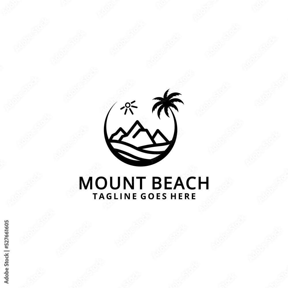 Simple Mountain and Palm Tree Creative Illustration with Ocean Waves Logo Vector Design