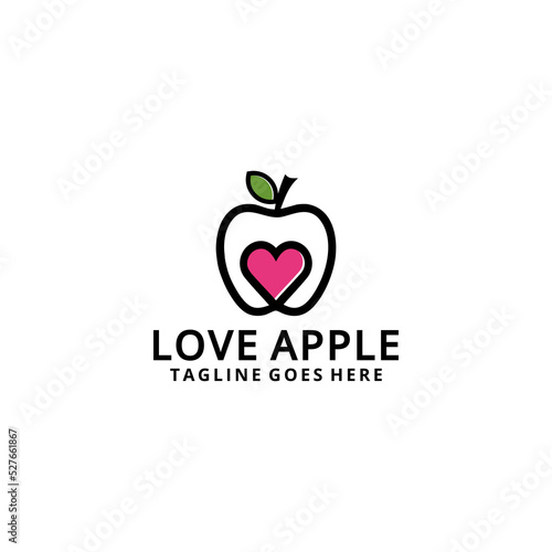 Creative apple logo with heart inside symbol and leaf icon Illustration.