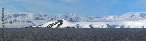 Panorama of snow covered mountains at Portal Point in Antarctica