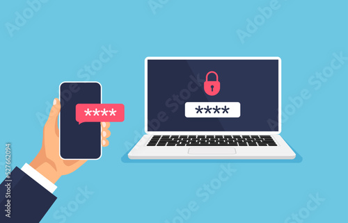 Two steps authentication by telephone number. SMS code verification. Login and password. Two factor verification via phone and laptop. Vector illustration in trendy flat style.