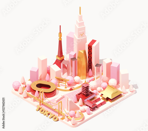 Vector isometric Tokyo skyline, Japan. Low poly illustration. Fictional isometric map. Tokyo landmarks and famous buildings