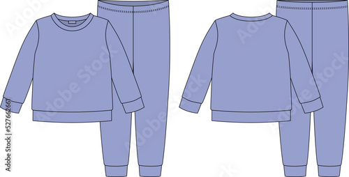Apparel pajamas technical sketch. Violet color. Childrens cotton sweatshirt and pants.