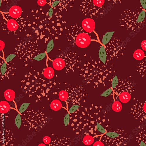 Hand drawn cherry berries and leaves seamless pattern. Hand drawn cherries wallpaper. Fruits backdrop.