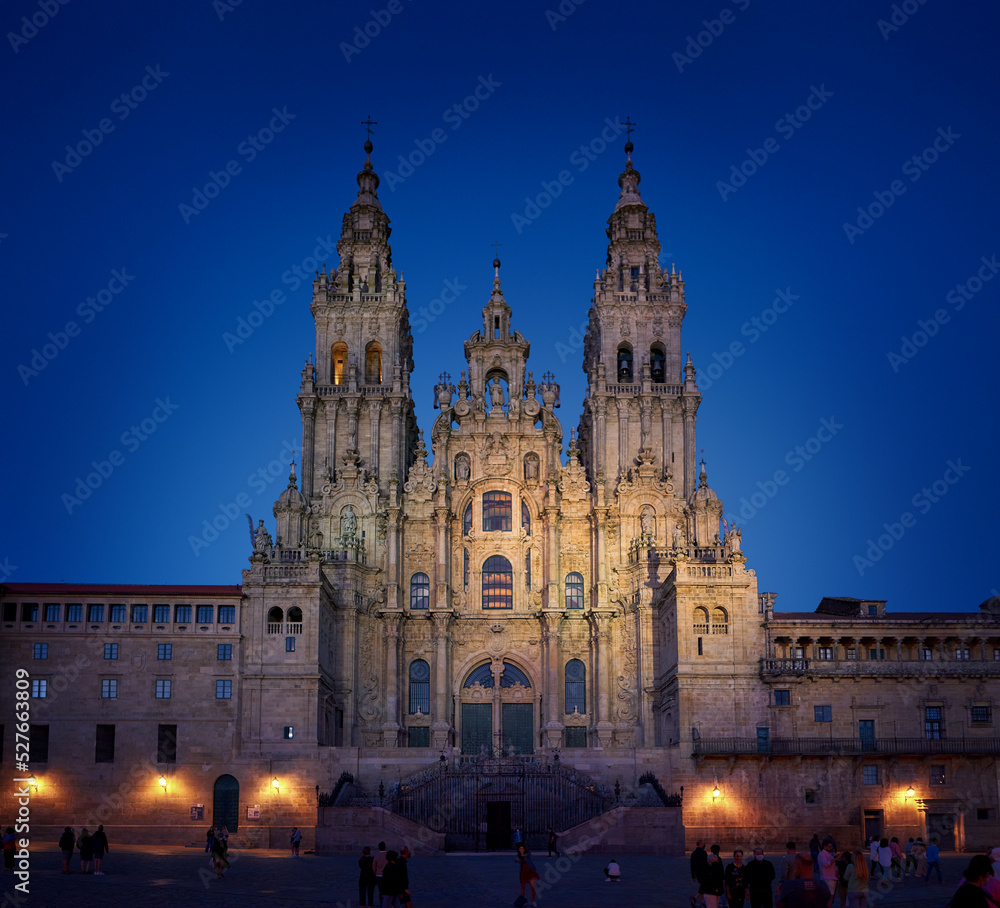 Cathedral of Santiago de Compostela in the blue hour with lights.