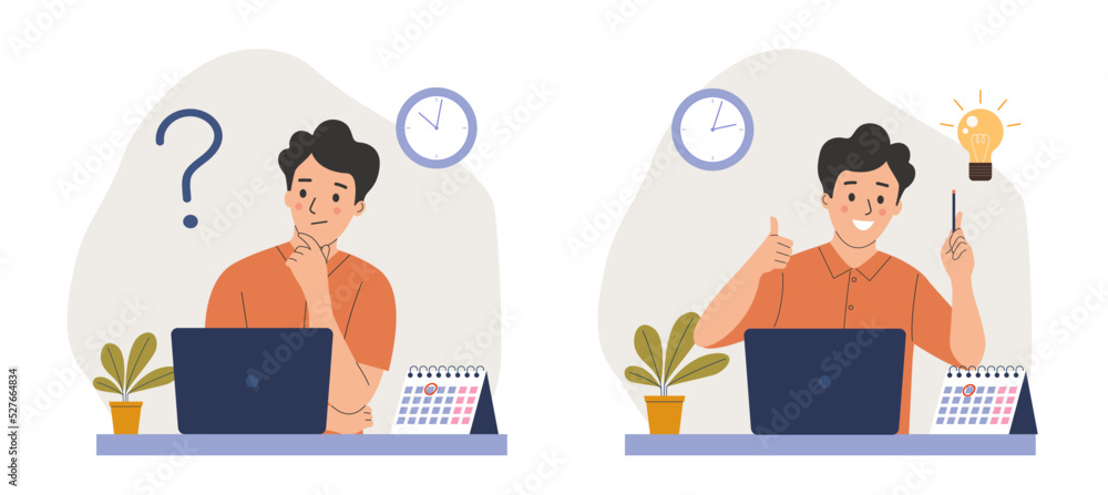 Young man before the laptop with question mark in think bubble and finding new idea. Shiny light bulb. Flat style cartoon vector illustration. Young man before the laptop with question mark in think bubble and finding new idea. Shiny light bulb. Flat style cartoon vector illustration.