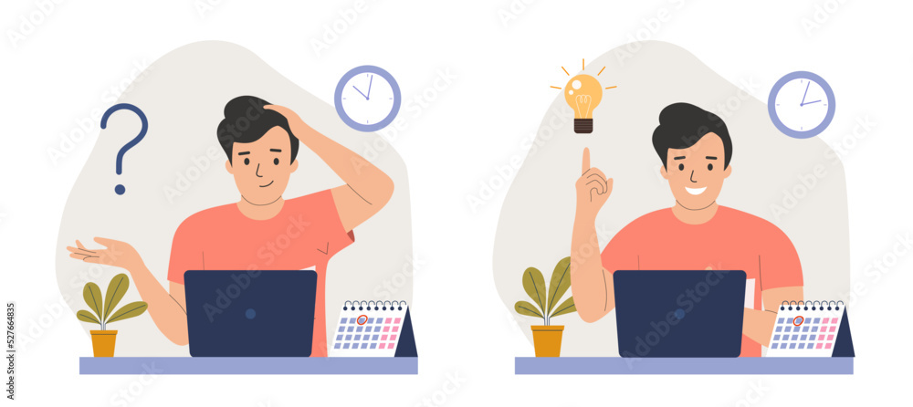 Young man  before the laptop with question mark in think bubble and  finding new idea. Shiny light bulb. Flat style cartoon vector illustration.
