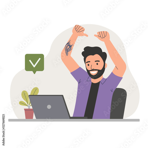 Young man with beard and tattoo before the laptop with show Yeah positive gesture, approval gesturing. Flat style cartoon vector illustration.