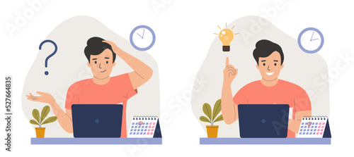 Young man  before the laptop with question mark in think bubble and  finding new idea. Shiny light bulb. Flat style cartoon vector illustration. © lyudinka