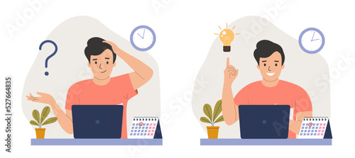 Young man  before the laptop with question mark in think bubble and  finding new idea. Shiny light bulb. Flat style cartoon vector illustration.