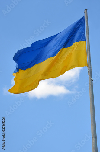 Big yellow blue flag of Ukraine waving in the wind. against blue sky with white cloud. National symbol of Ukraine. Independent and flag day concept .Free copy space