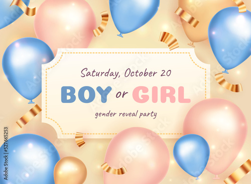 Boy or Girl. Gender reveal invitation template with helium balloons. Vector illustration.