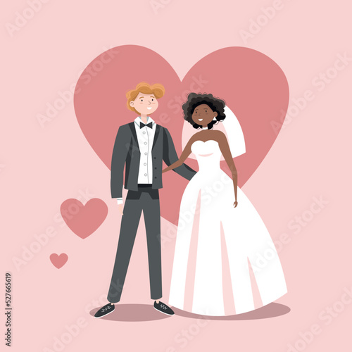 Flat vector wedding. Happy marriage. Black and white people in love.