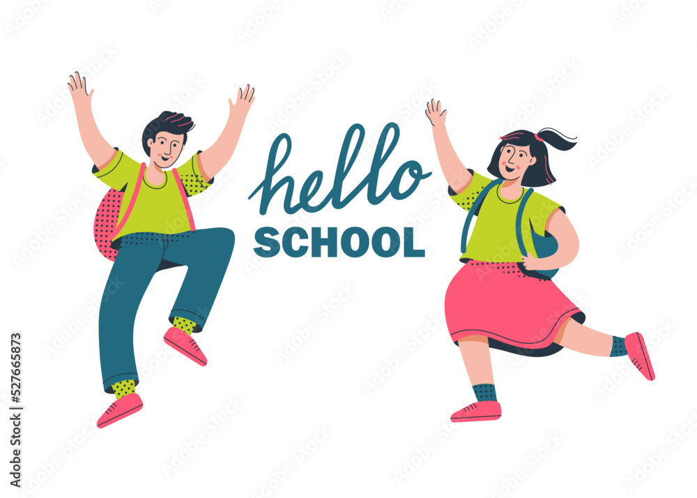 Schoolboy and schoolgirls with backpack waving hands and saying hello to school. Happy schoolchildren going back to school Schoolboy and schoolgirls with backpack waving hands and saying hello to school. Happy schoolchildren going back to school