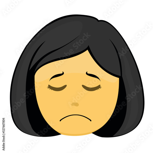 Vector illustration of the yellow emoticon face of a cartoon woman with a sad expression