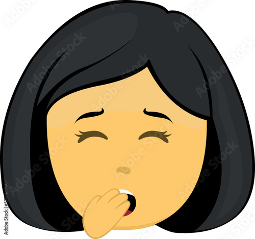 Vector illustration of the yellow emoticon face of a cartoon woman yawning with her hand in her mouth