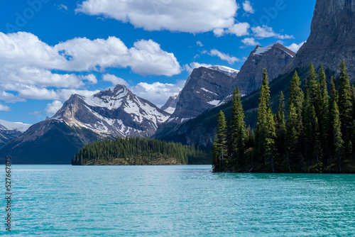 Maligne Lake as seen from the water, on a sunny summer day in Jasper National Park Canada