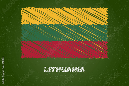 Lithuania flag with chalk effect on green chalkboard, hand drawing country flag, flag for kids, classroom material