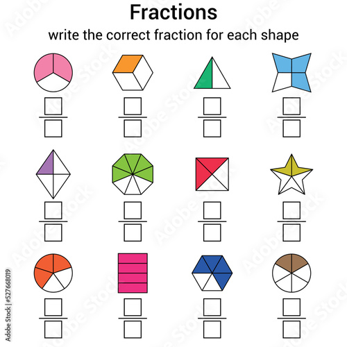 Write the correct fraction for each shape. math fraction worksheet