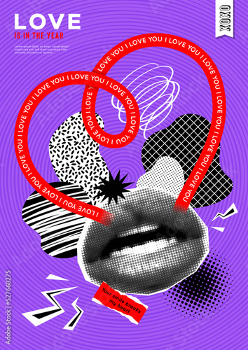 Obraz na plátně Collage vector poster with halftone mouth, grunge elements and love symbols