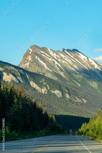 View of the Icefields Parkway in Jasper National Park in summer at dusk