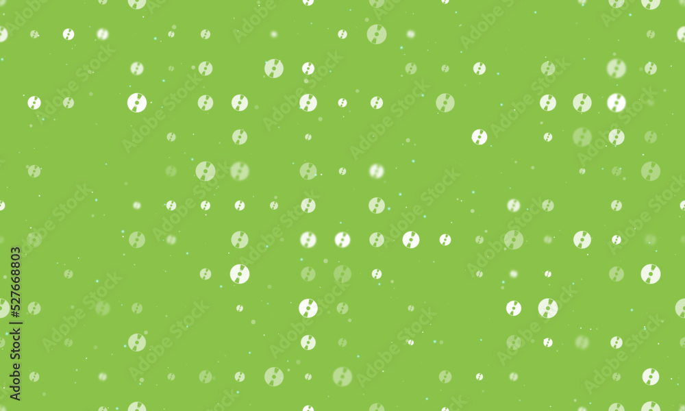 Seamless background pattern of evenly spaced white cd symbols of different sizes and opacity. Vector illustration on light green background with stars