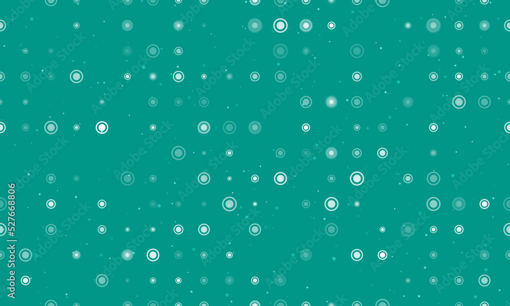 Seamless background pattern of evenly spaced white radio button symbols of different sizes and opacity. Vector illustration on teal background with stars