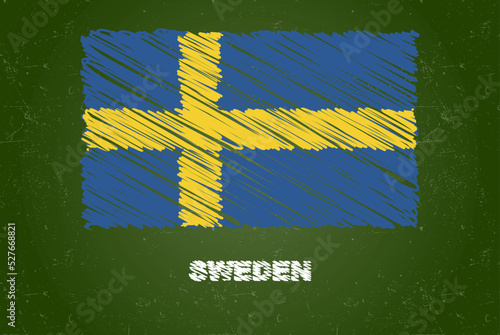 Sweden flag with chalk effect on green chalkboard, hand drawing country flag, flag for kids, classroom material
