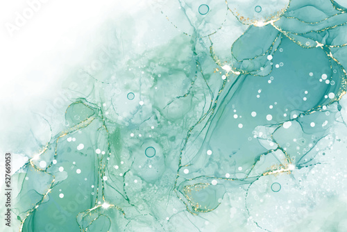 Pastel cyan mint liquid marble watercolor background with gold lines and brush stains. Teal turquoise marbled alcohol ink drawing effect. Vector illustration backdrop, watercolour wedding invitation.