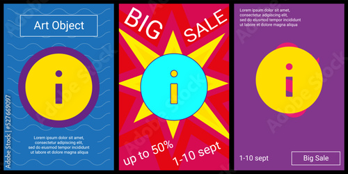 Trendy retro posters for organizing sales and other events. Large info symbol in the center of each poster. Vector illustration on black background